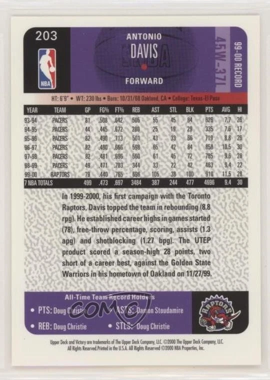 2000-01 Upper Deck Victory Antonio Davis #203 - Image 2 of 2