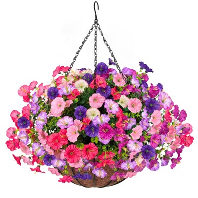 Artificial Hanging Faux Flowers Basket, Fake Silk Petunias Plants Arrangement...