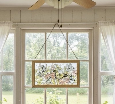 Vintage Handpainted Butterfly Floral Stain Glass Framed Sun-catcher Panel 12x22