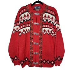 Vintage Norwegian Cardigan Sweater Nordic Fair Isle Virgin Wool Haare Size Large