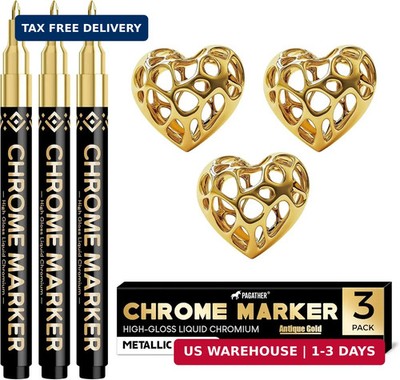 3Pcs Chrome Paint Markers, Gold Color Permanent Mirror Liquid Chrome Pens