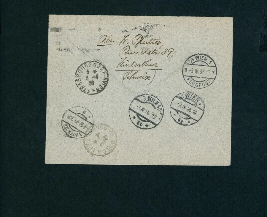 Suiza correo aéreo franqueo mixto Winterthur - Viena vía Estrasburgo 1936 - Imagen 2 de 2