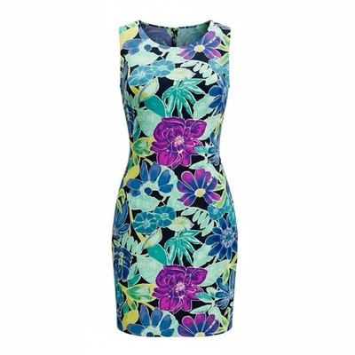 Vintage 90 s Bold Floral Sheath SunDress Women s Sz 4P Wedding Guest Tropical
