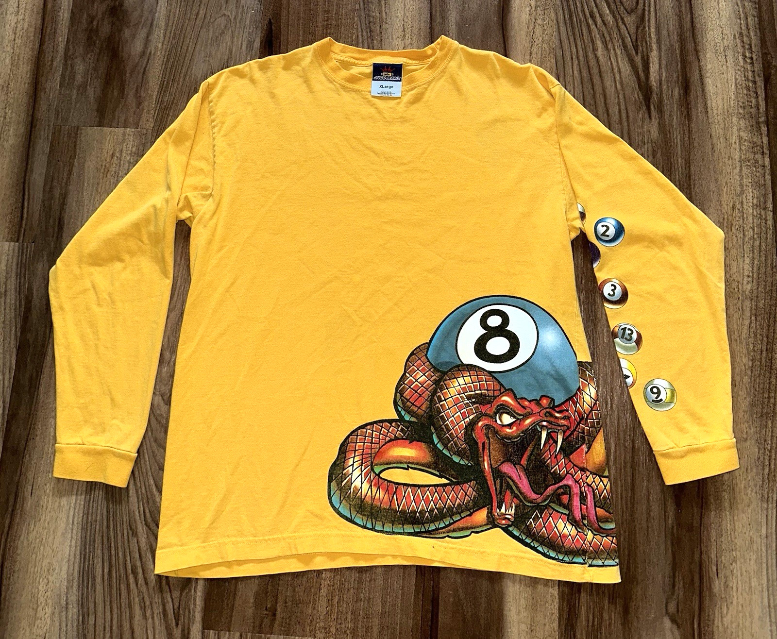 Vintage JNCO Jeans Long Sleeve Shirt XL Yellow 8 Ball Snake Graphic Y2K Made USA