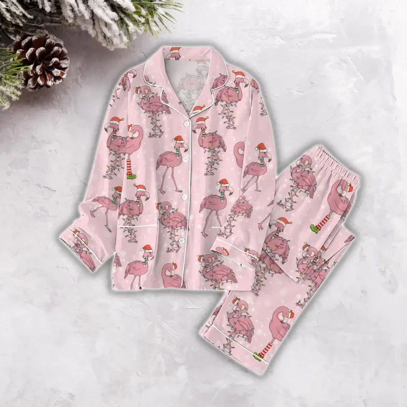 Unisex Christmas Flamingo Pajama Set Pink Holiday Print Long Sleeve Top & Pants