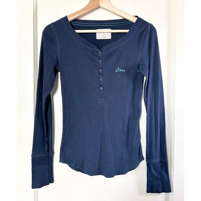 Vtg Y2K Aeropostale Long Sleeve Micro Rib Fitted Henley Tee Navy M Bella Swan