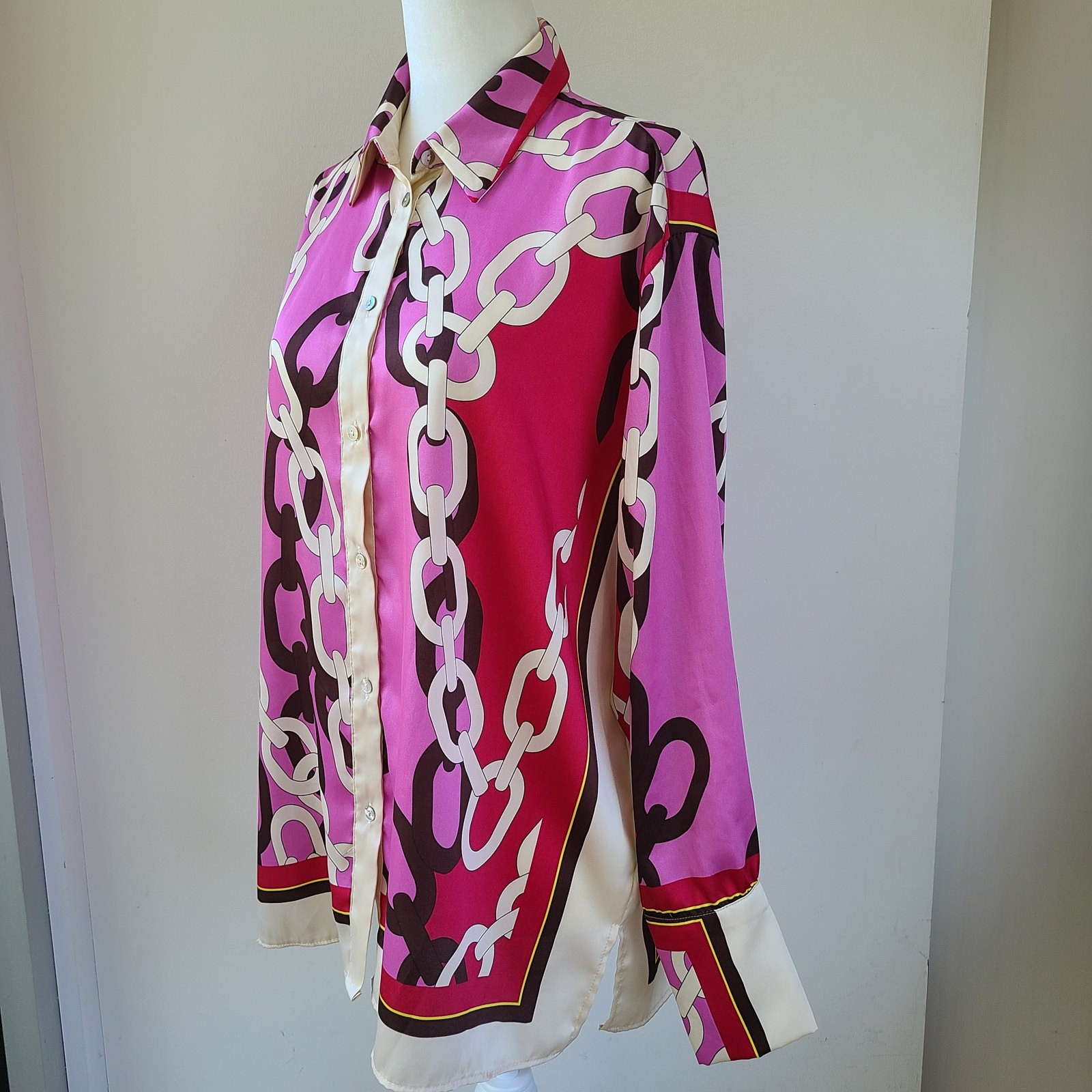 ZARA Woman Chain Print Long-Sleeve Button-down Satin Blouse FW22 Size Small EUC image 4