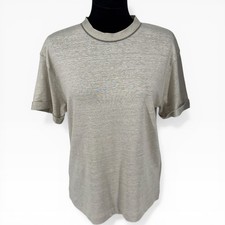 Brunello Cucinelli Monili Bead Trim Linen Blend Knit Top T-Shirt Beige Gold S