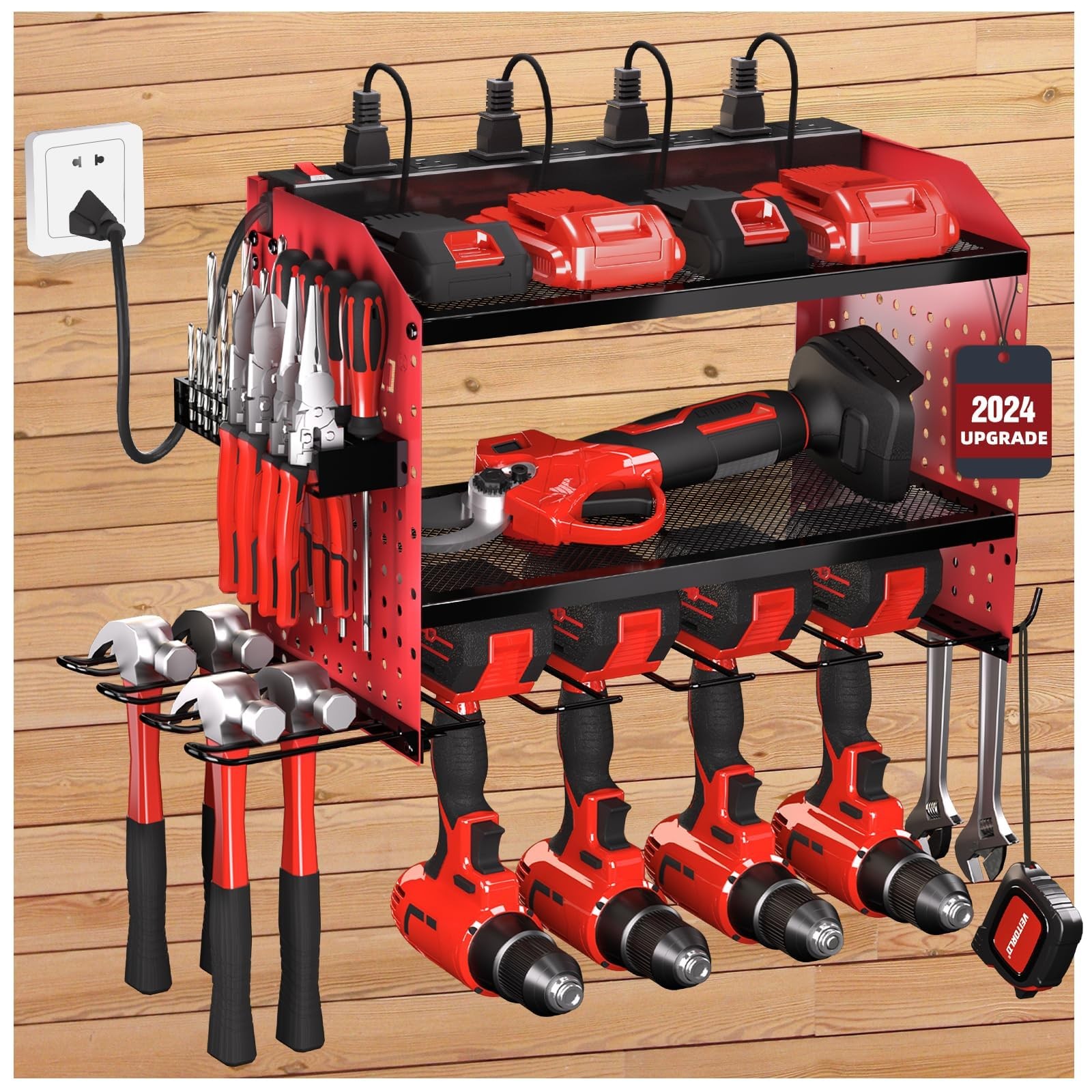 Heavy Duty Power Tool Organizer with 4 Drill Holders and Charging Station