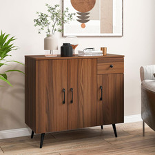 Buffet Sideboard Cabinet 3 Door Drawer Storage Cupboard Metal Legs Walnut Wood