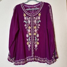 Johnny Was Embroidered Blouse M Boho Floral Tunic in Cupra Rayon Purple