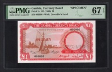 Gambia One Pound ND(1965) P2s  Specimen  Uncirculated Grade 67 Top Pop
