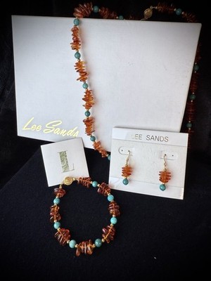 Lee Sands Amber and Turquoise Jewelry Set Necklace Bracelet Earrings NIB