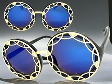 OVERSIZED EXAGGERATED Vintage Retro Style SUNGLASSES Large Round Frame Blue Lens