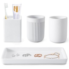 Resin Bathroom Toothbrush Cups Set with Holder and Tray, 4 Pcs Matte White Ba...
