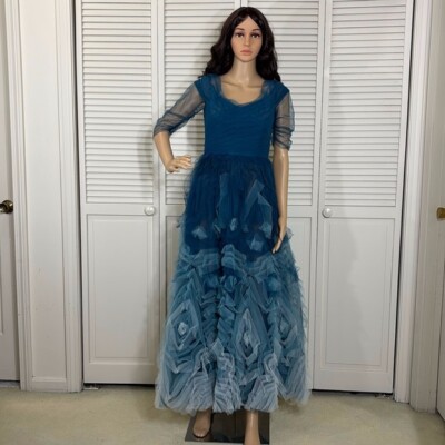 marchesa notte evening dresses Marchesa Notte V-Neck Cape Gown W/ 3D Flowers, Blue, Women's, 12, Evening Formal Gala Gowns Mother of the Bride Groom Cape & Flutter Sleeve Gowns