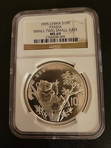 1995 CHINA PANDA SMALL TWIG SMALL DATE 10 YUAN SILVER COIN NGC MS69