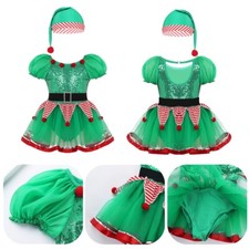 Kids Girls Christmas Fairy Spirit Costume Sequined Xmas Elf Tutu Dress with Hat
