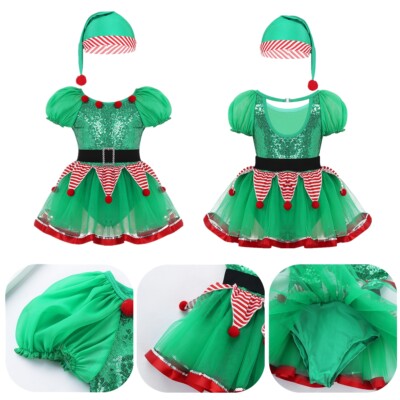 Kids Girls Christmas Fairy Spirit Costume Sequined Xmas Elf Tutu Dress with  Hat | eBay