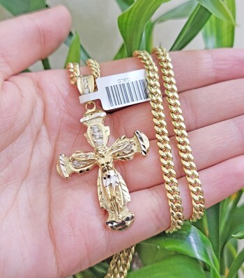 Real 10k Yellow Gold Cross Charm Pendant Cuban Link Chain