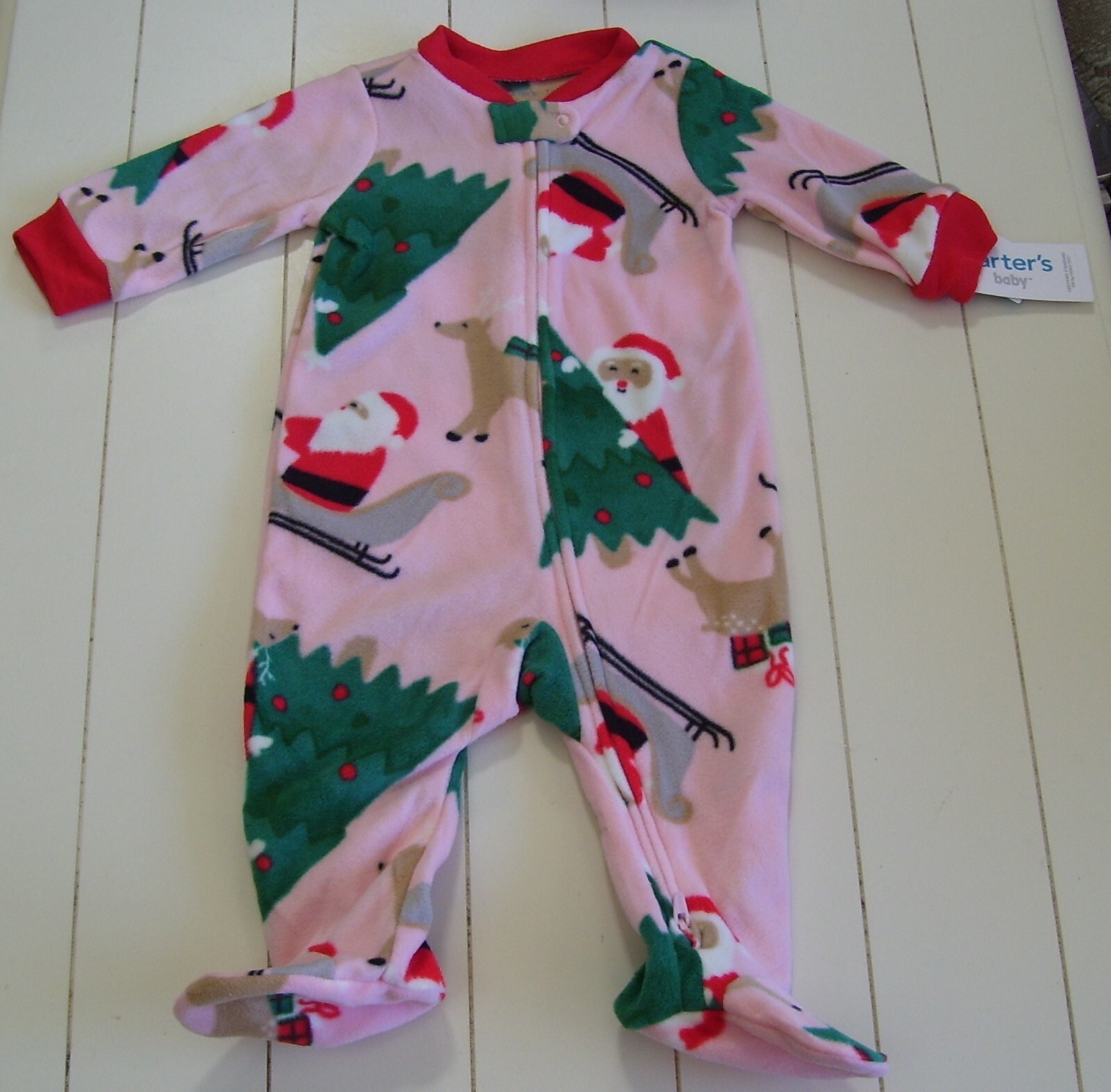 Carter's Pink Santa Christmas Reindeer Sleigh Fleece Footed Sleeper Pajamas 6M