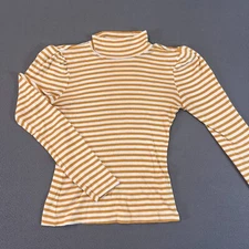 Splendid Women Yellow Striped Long Sleeve T-Shirt XS Mock Nek French Ruffle Puff