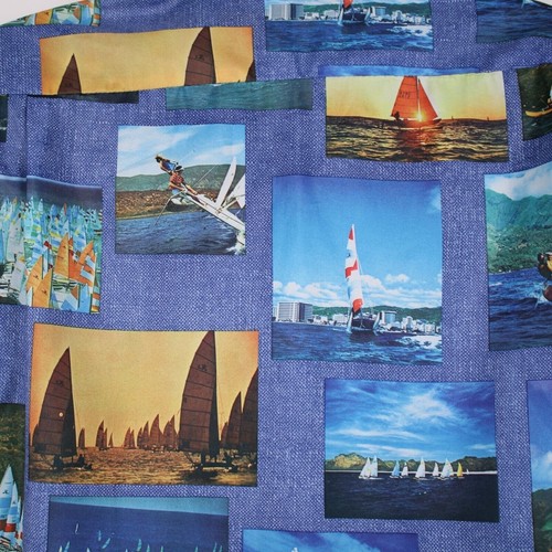 Hobie Catamaran Sailing Hawaiian Aloha Shirt Blue Medium All Over Pictures Vtg - Picture 6 of 8