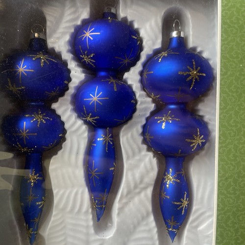 VTG Sears/Roebuck & Co 3 Handcrafted Glass Ornaments Blue Gold Accents Christmas - Picture 3 of 7