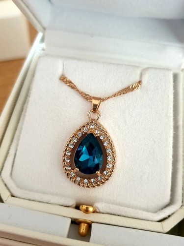 Yellow gold finish pearcut turquoise created diamond necklace valentines gift - Picture 2 of 4