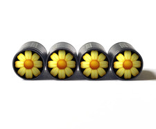 Yellow Daisy Flower Emoji Tire Valve Stem Caps - Aluminum - Set of Four