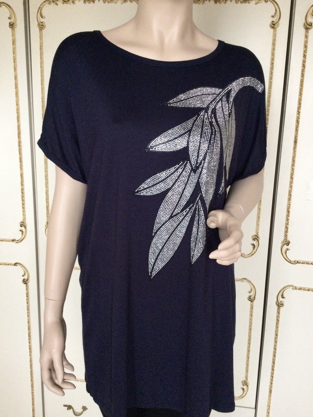 FORESTA BELLA L/XL Oversize Navy Blue Crystal Leaf T Shirt Tunic Top NWT RRP £38