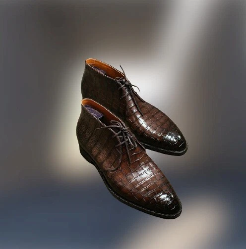 Handmade Men Brown Alligator Textured Ankle Business Boots Office