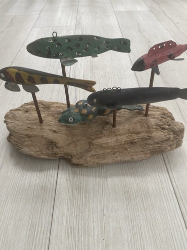 Antique Primitive Fishing Decoys On Driftwood