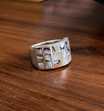 Sterling Silver Mosaic Ring with Mother of Pearl Inlay   Grid Design   size 6