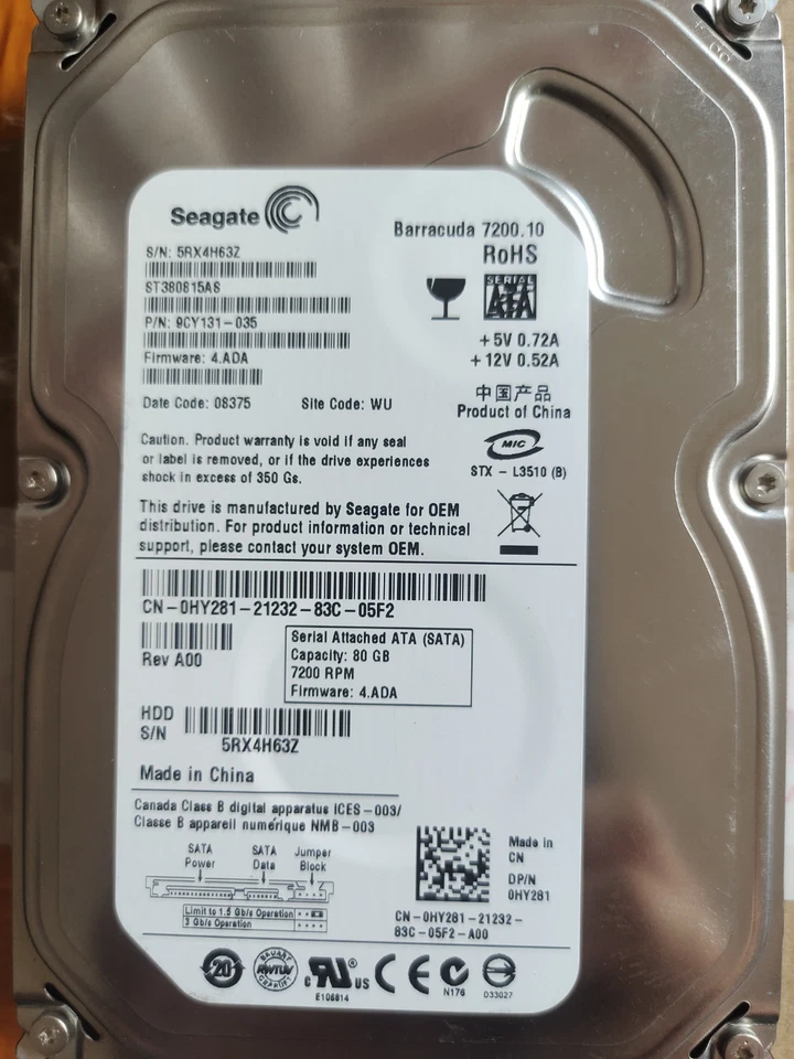 Original Seagate 80GB ST380815AS 7200RPM SATA 3.5" HDD Hard Disk Drive - Image 2 of 4