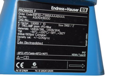 Endress+Hauser E+H 83F50-C999AAAABAAA PROMASS Coriolis Flow Meter 2'' 40bar 600 - Picture 3 of 8
