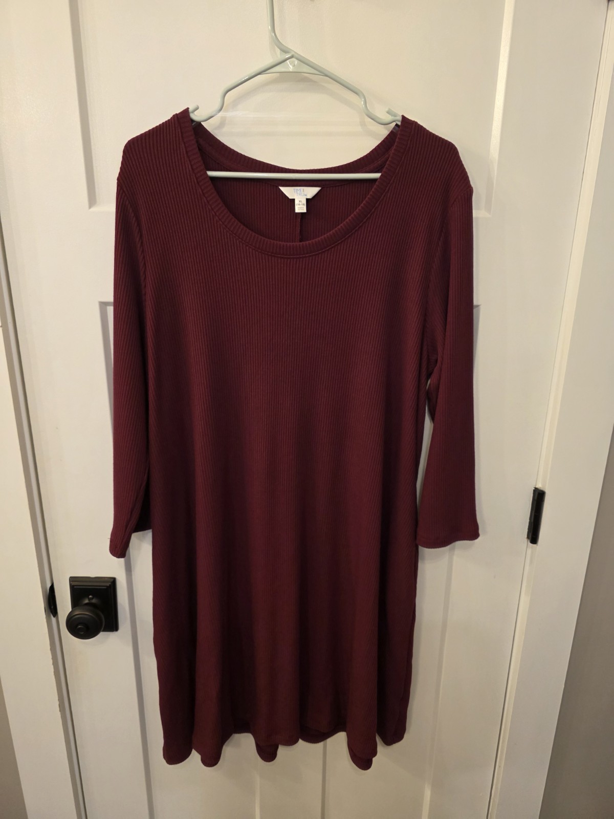 Time & Tru Maroon Women's Size Xl Dress 3/4 Sleeve Knee Length