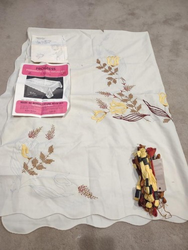Vtg Progress Tulip Flowers Stamped X Stitch Tablecloth 50" x 70" Started READ