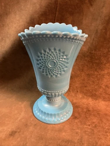 Antique Atterbury turquoise milk glass vase geometric Hobstar design scalloped