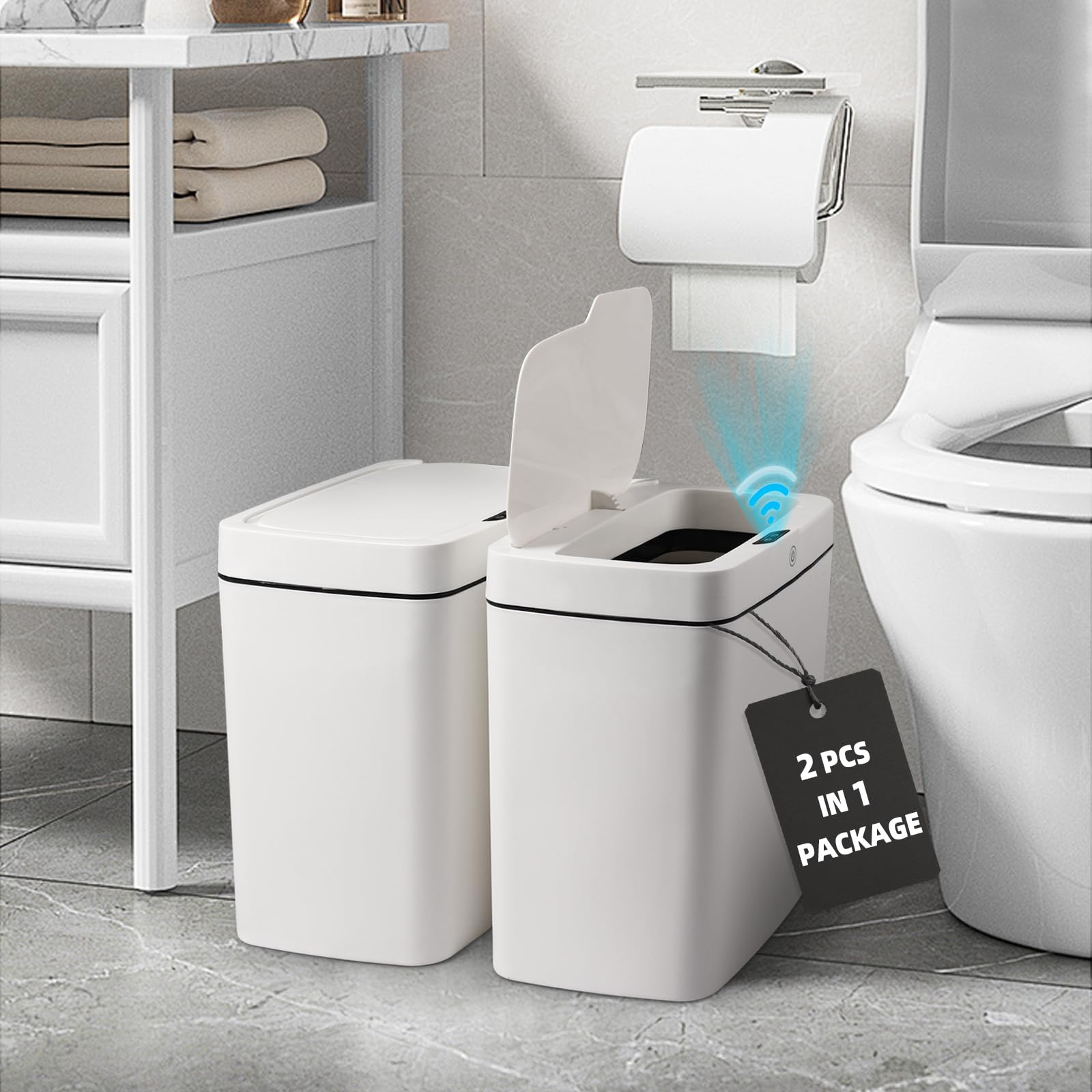 Bathroom Trash Can with Lid 2 Pack 3.9 Gallon Touchless Automatic Garbage Can...