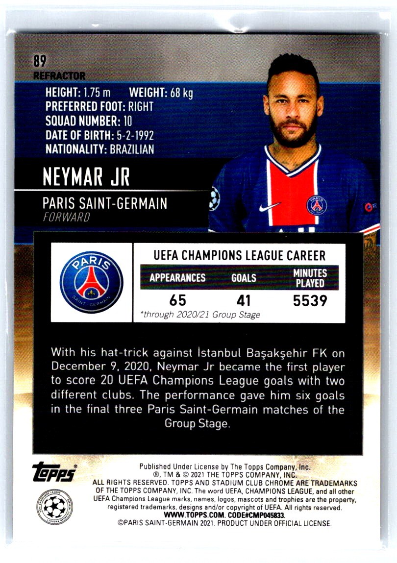 2020-21 Stadium Club Chrome UEFA Champions Refractor #89 Neymar Jr  b11b view 2