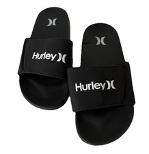 Hurley Kids Black Slide Sandals with Logo Unisex Size 2 Adjustable Hook Loop