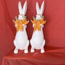 Pair of White Rabbit Statues Holding Carrots Collectible Figurines Pair of White Rabbit Statues Holding Carrots Collectible Figurines
