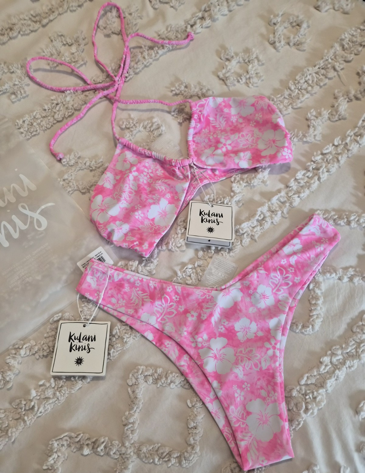 Kulani Kinis Women's Pink Floral Cheeky Bikini SET - Halter Straps - Medium