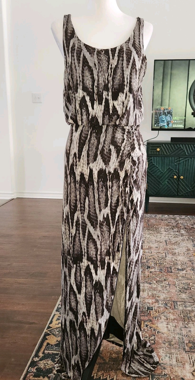 GUESS Brown & Gray Python Bodycon Maxi Dress Ruch… - image 1