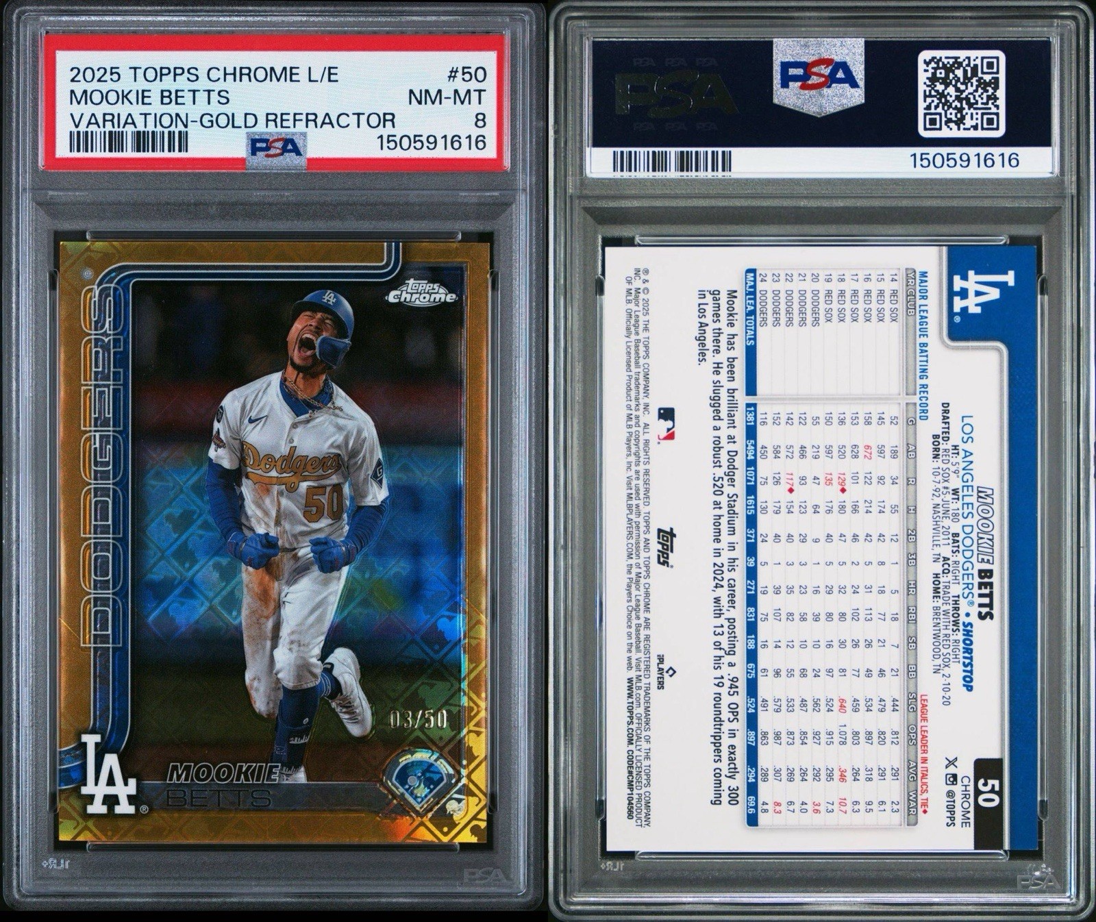 2025 Topps Chrome LE Mookie Betts Image Variation Gold Refractor /50 PSA 8 view 3