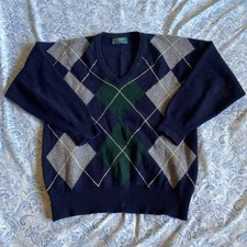 Vtg Alan Paine 100 Lambswool Blue Green Argyle LS Knit V Neck Sweater Men's M