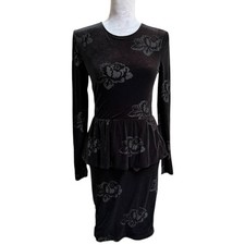 GANNI Black Velvet Burnout Rose Print Peplum Sheath Dress Long Sleeve
