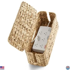Natural Wicker Cable Management Box - 15" Organizer with Lid for Cord Storage