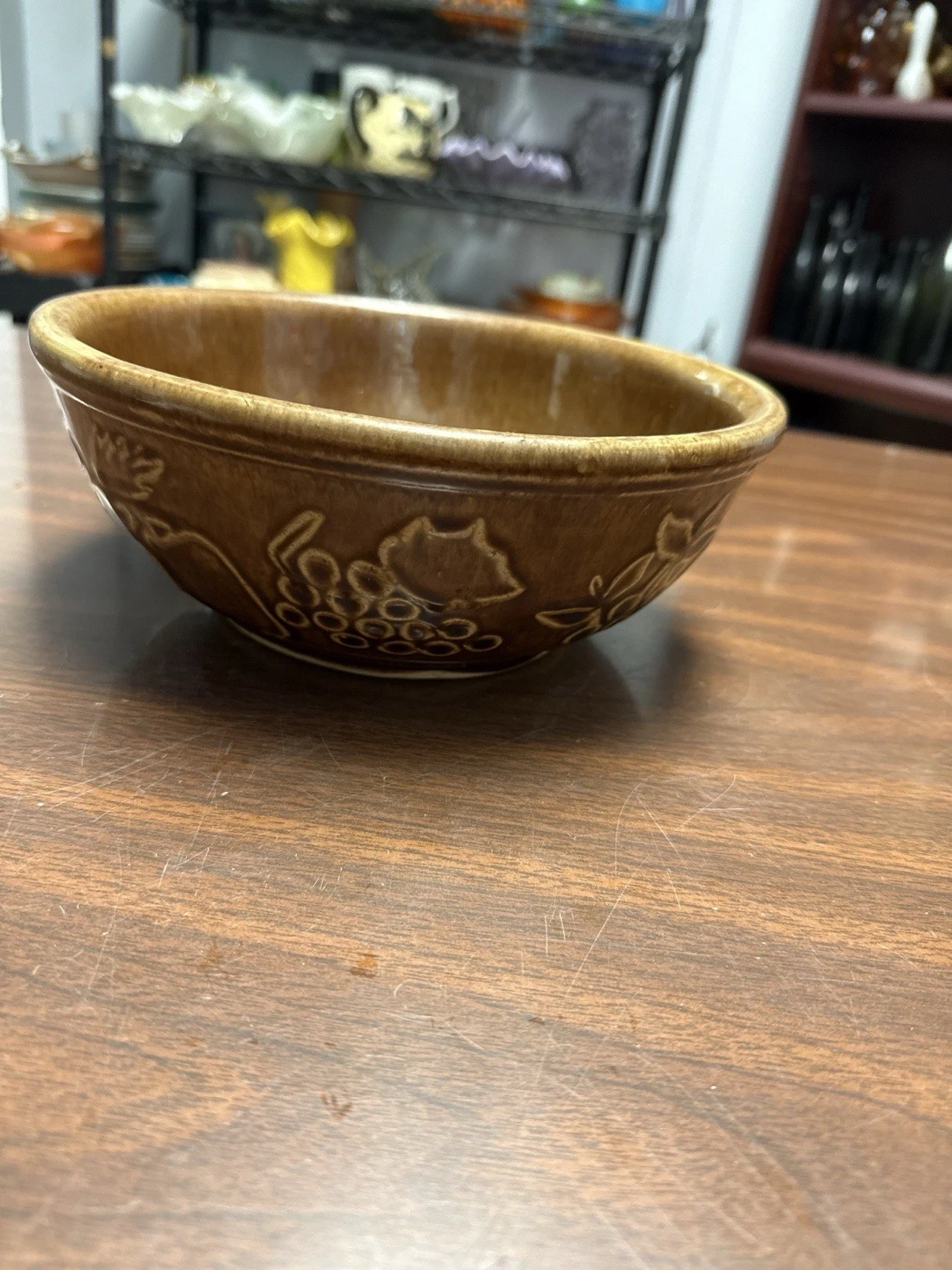 Vintage USA Pottery Mixing Bowl Brown Glaze Embossed Fruit Pattern 9” Kitchen